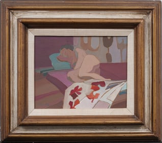 Mary LaRue Wells Modernist Nude Portrait Bedroom Interior Scene Framed Oil Painting on Board