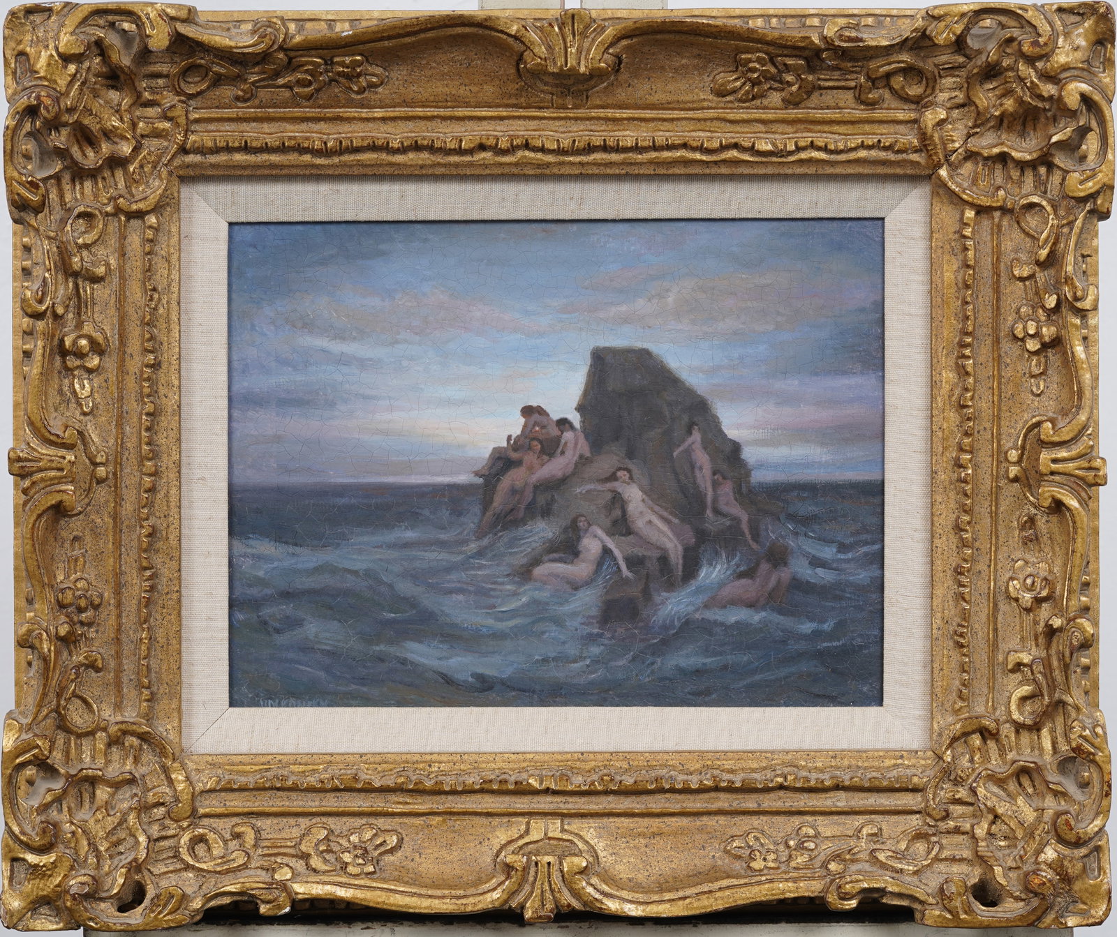 Signed Vintage American Mythological Nymphs on a Sea Rock Impressionist Oil Painting Framed: Vintage American impressionist seascape oil painting. Framed. Oil on board. Measuring: 16 by 19 inches overall, and 9 by 12 painting alone. Please see all images for condition. Size is measured and wr