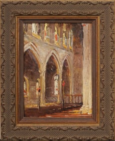 May S Haydock (b 1878) "Old Fulham Church" Antique British Cathedral Luminous Interior Oil Painting