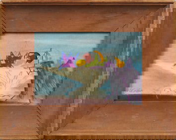 Vintage American Modernist Abstract Fruit Bowl Still Life Signed Framed Oil Painting