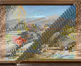 Andrew Roswall (1877-1949) Antique Belizean Street Scene Oil Painting