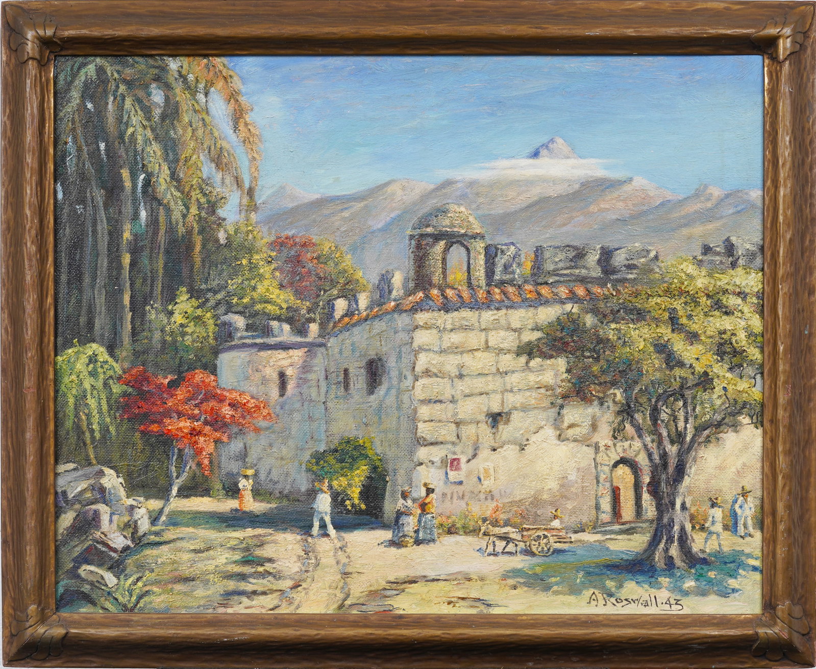 Andrew Roswall (1877-1949) Antique Belizean Street Scene Oil Painting: Vintage American oil painting. Measuring: 26 by 32 inches overall, and 21.75 by 27.5 painting alone. Please see all images for condition. Size is measured and written on the back of the painting or ne