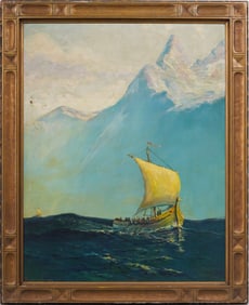 Andrew Roswall (1877-1949) "Return of Leif Erikson" Maritime Seascape Signed Oil Painting