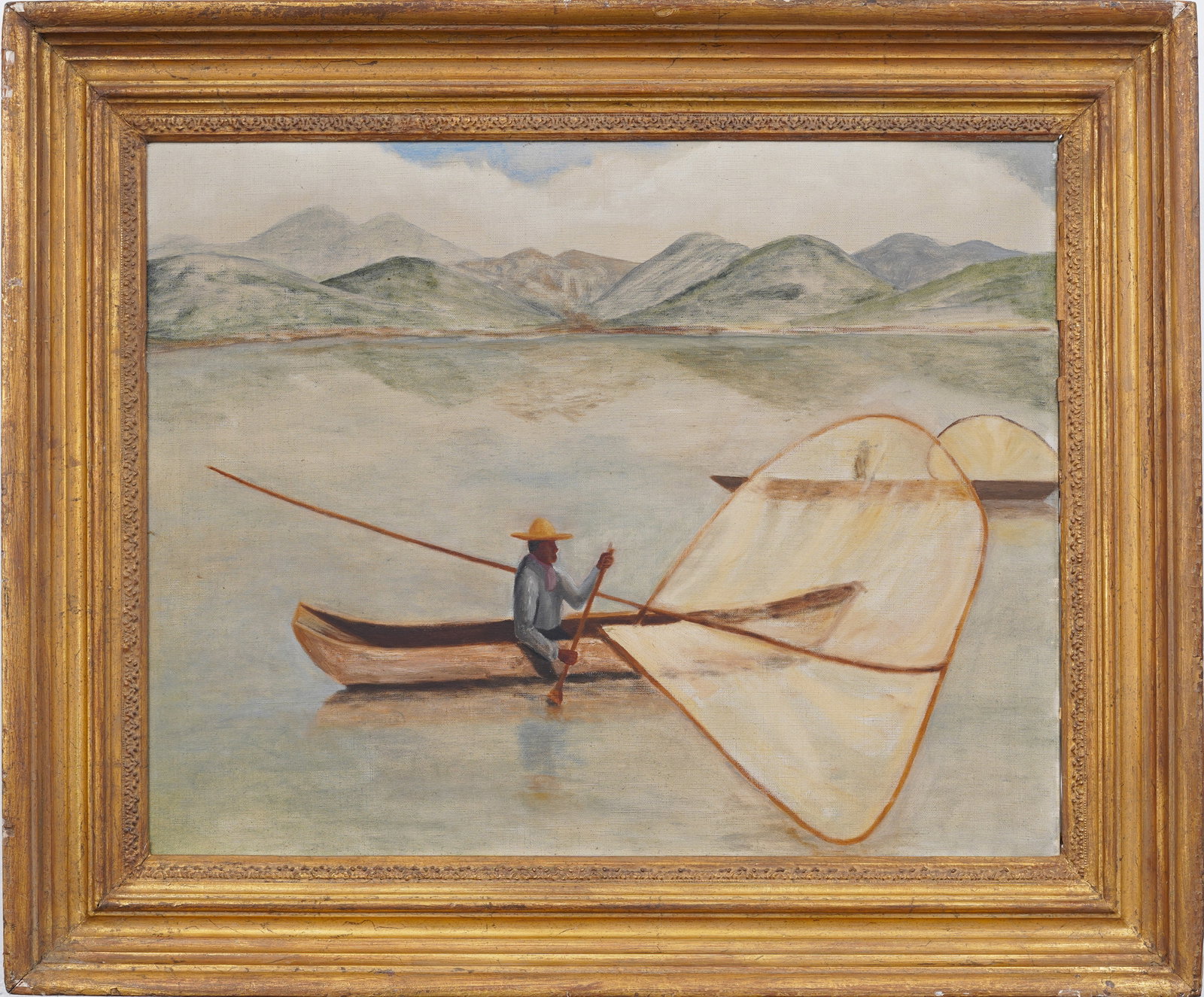 Vintage Latin American Coastal Fishing Scene Impressionist Mountain View Oil Painting Canvas: Vintage Latin American lake scene oil painting. Oil on canvas. Framed. Measuring: 32 by 38 inches overall, and 24 by 30 painting alone. Please see all images for condition. Size is measured and writte