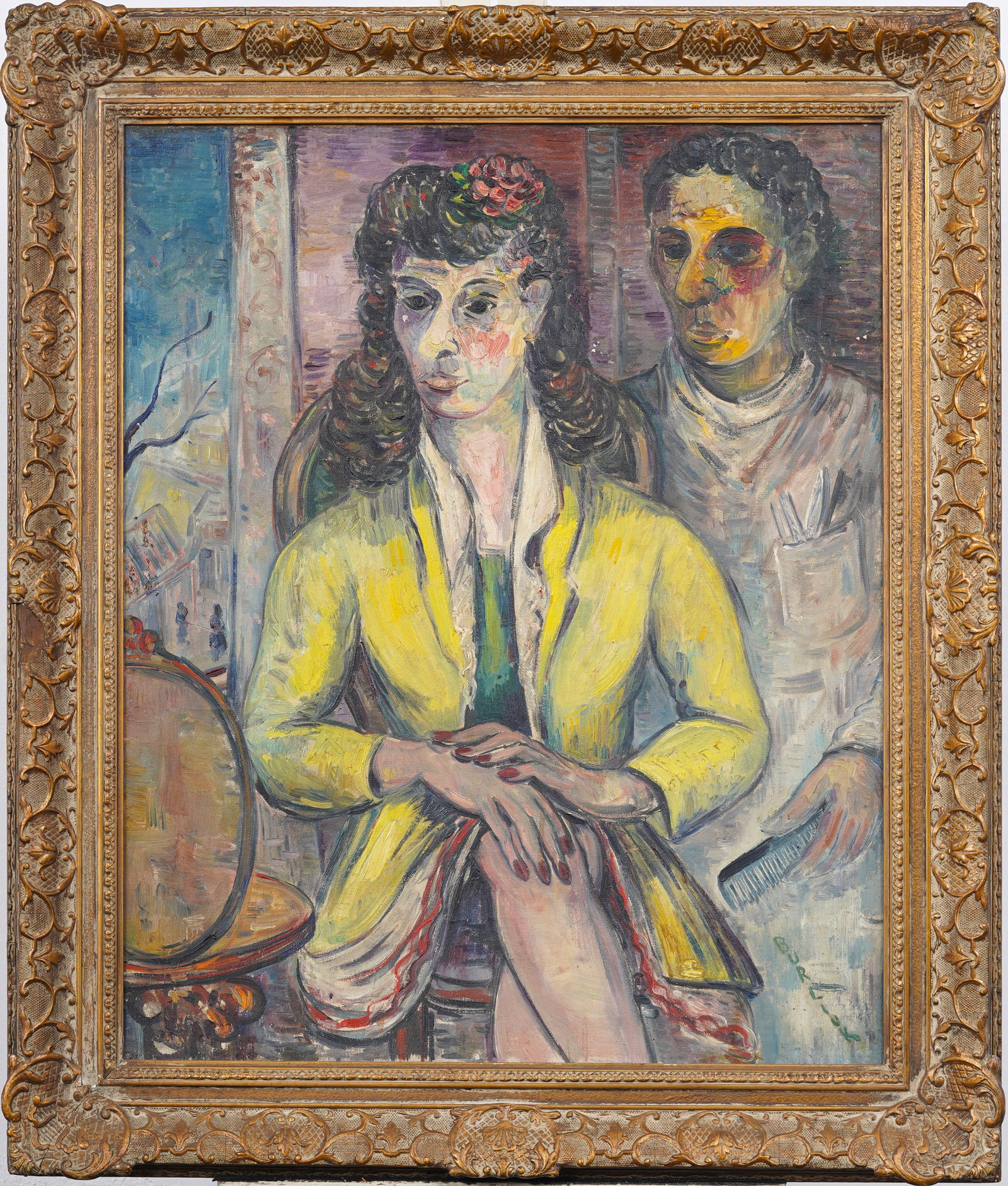 David Burliuk (1882-1967) Vintage Large Expressionist Figurative Portrait Signed Oil Painting: Vintage American modernist interior scene oil painting by David Burliuk (1882-1967). Oil on canvas, lain to board. Framed. Signed. Measuring: 36 by 31 inches overall, and 30.5 by 24 painting alone. Pl