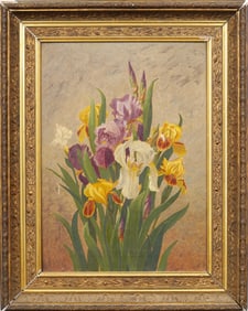 Antique American Academic Floral Still Life Bouquet of Irises Framed Oil Painting on Canvas