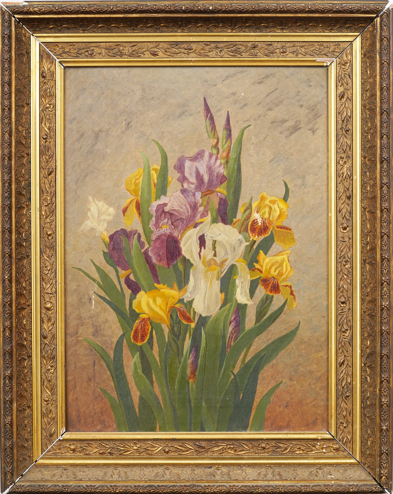 Antique American Academic Floral Still Life Bouquet of Irises Framed Oil Painting on Canvas (1 of 9)