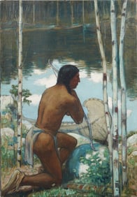 Antique Impressionist Woodland Scene Native American Hunter Overlooking Lake Oil Painting Canvas