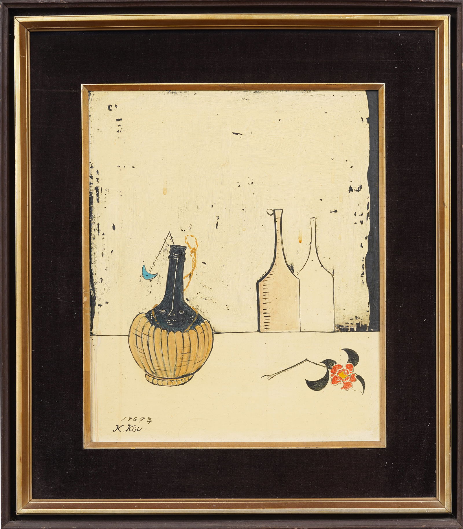 Signed Vintage Mid Century Japanese Modernist Still Life Oil Painting on Canvas: Vintage Japanese still life oil painting. Oil on canvas. Framed. Signed and dated. Measuring: 27 by 24 inches overall, and 18 by 15 painting alone. Please see all images for condition. Size is measure