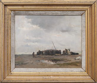 Signed Antique 19 Century European Impressionist Coastal Marsh Scene Oil Painting on Canvas