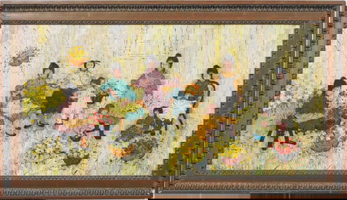 Mildred Barrett Signed Vintage Impressionist Textured Impasto Flower Pickers Oil Painting on Canvas