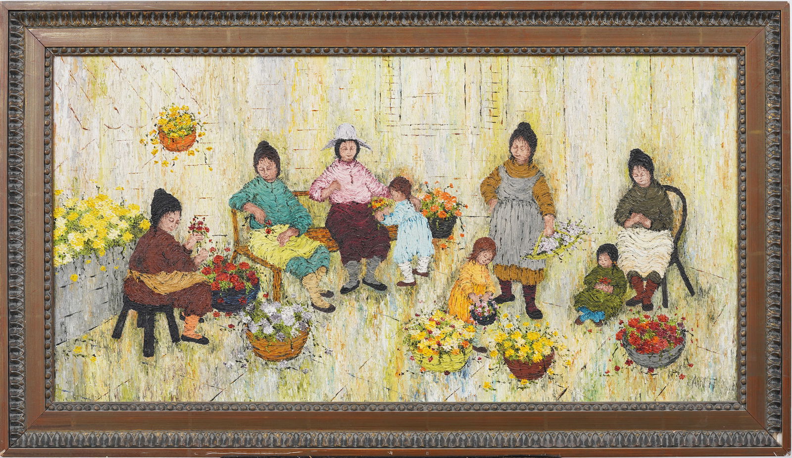 Mildred Barrett Signed Vintage Impressionist Textured Impasto Flower Pickers Oil Painting on Canvas (1 of 8)