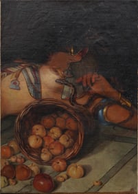 Vintage Academic Orientalist Cleopatra with Serpent & Apples Signed Oil Painting on Canvas