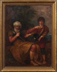 Antique Religious Old Testament "Samson & the Philistine Attendant"  Old Master Framed Oil Painting