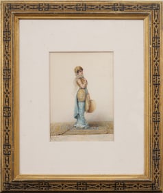 Louis Robert de Cuvillon (1848-1931) Antique Orientalist Miniature Watercolor of Traditional Woman