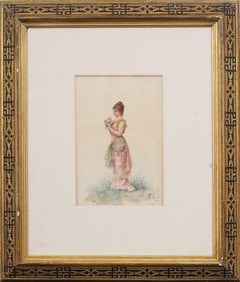 Louis Robert de Cuvillon (1848-1931) Antique Victorian Watercolor of Lady in Gown with Flowers