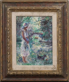 Paul Williams "Mademoiselle et Chocolat" Impressionist Garden Scene Dog Portrait Oil Painting