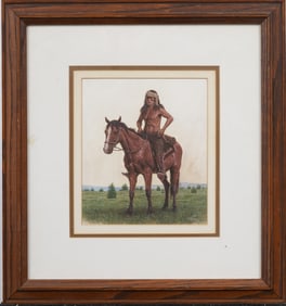 Marvin Toddy (b1954) Western Realist Native American on Horseback Framed Landscape Painting