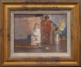 Vintage American Signed Modernist Artist Studio Interior Scene Framed  Still life Oil Painting