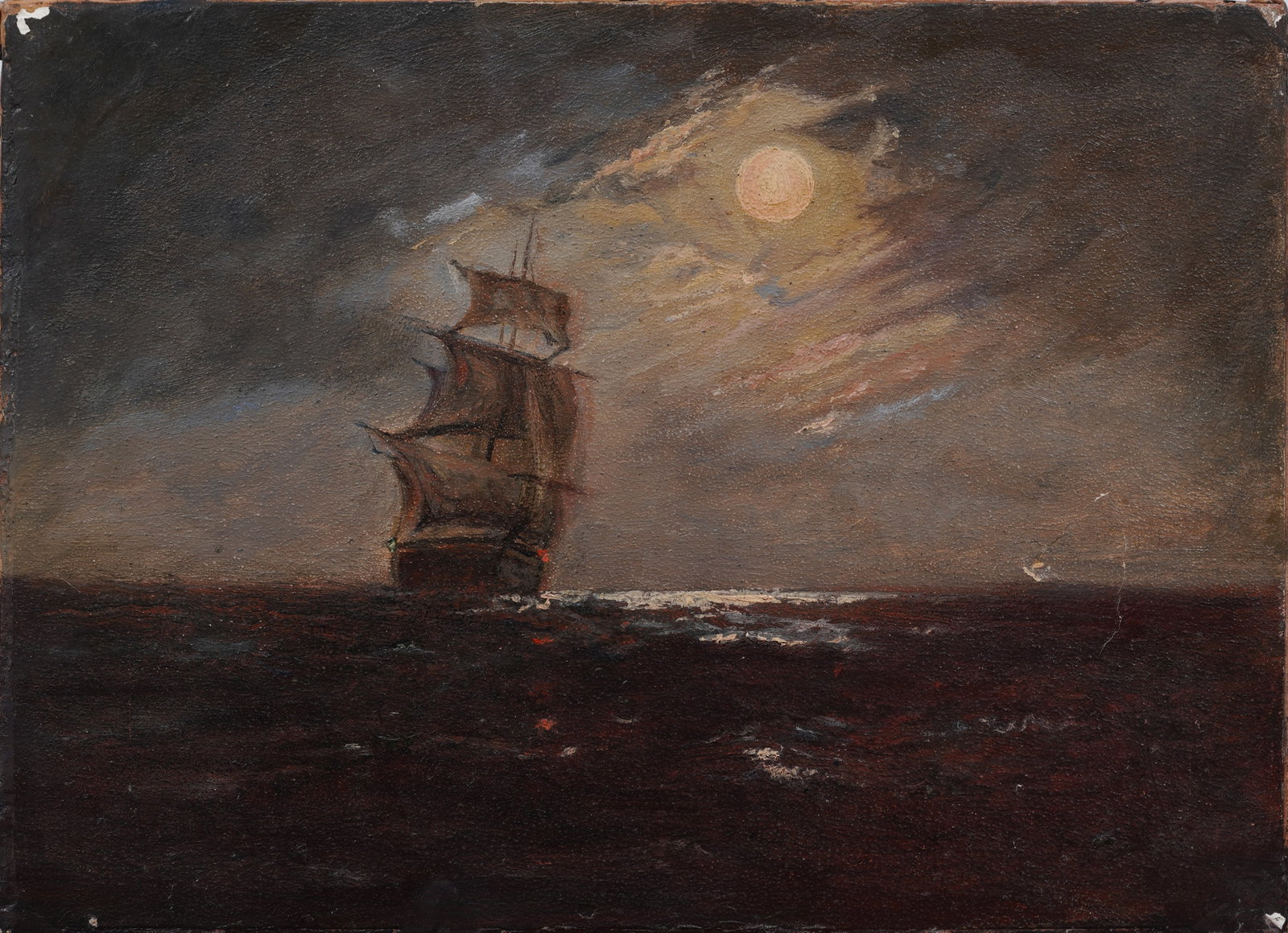 Antique 19th Century Nocturnal Maritime Moonlit Seascape Oil Painting: Antique American seascape oil painting. Oil on canvas. Measuring: 9.75 by 7.25 inches overall. Please see all images for condition. Size is measured and written on the back of the painting or next to 