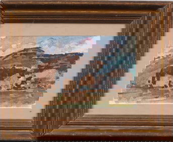 Vintage American School Western Impressionist Watercolor Horse Portrait Landscape Framed Painting