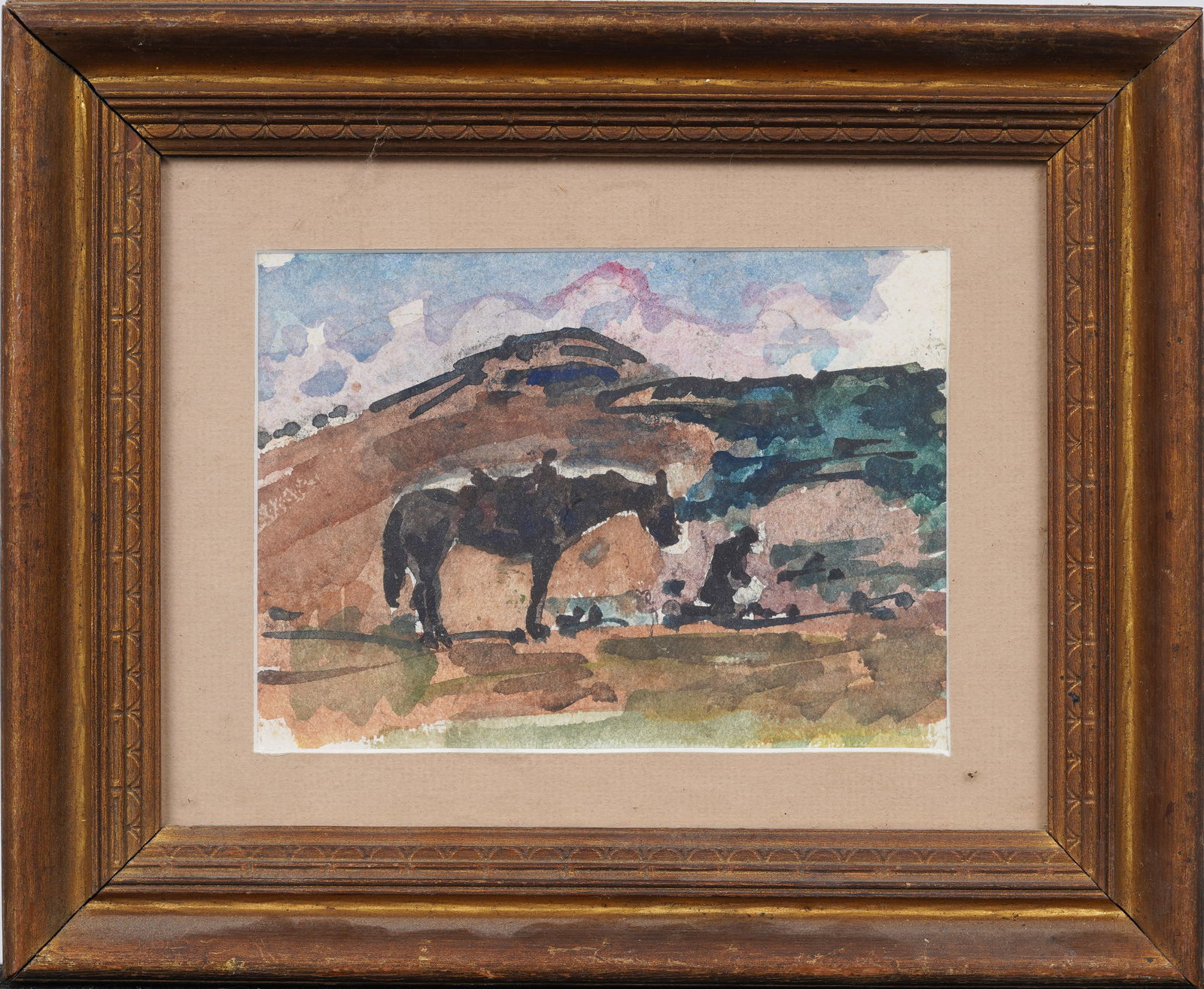 Vintage American School Western Impressionist Watercolor Horse Portrait Landscape Framed Painting (1 of 7)