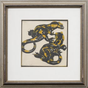 Norbertine von Bresslern-Roth (1891-1978) Vintage European Art Deco Salamander Mixed Media Painting