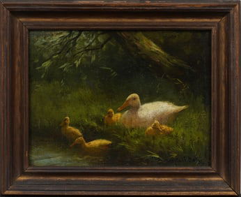 Vintage American Tonalist Wildlife of Mother Duck and Ducklings Oil Painting Signed and Framed