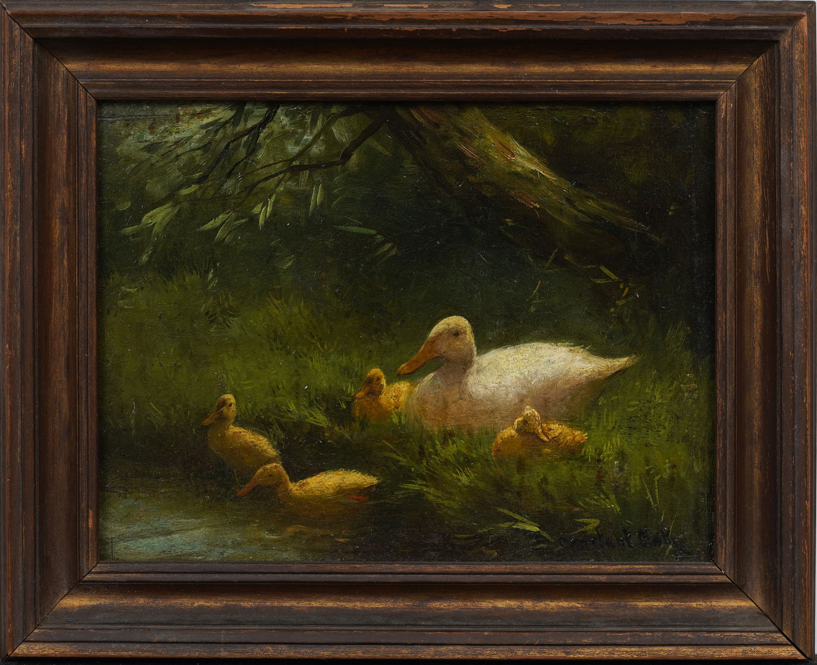 Vintage American Tonalist Wildlife of Mother Duck and Ducklings Oil Painting Signed and Framed (1 of 8)