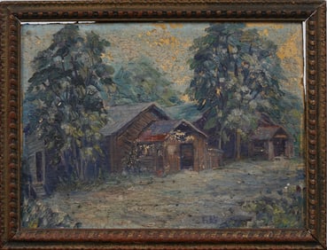 Vintage American Rustic Cabin and Forest Impressionist Landscape Oil Painting Framed