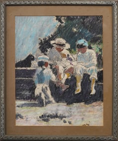Antique American Impressionist Children at Play Mixed Media New England Portrait Painting