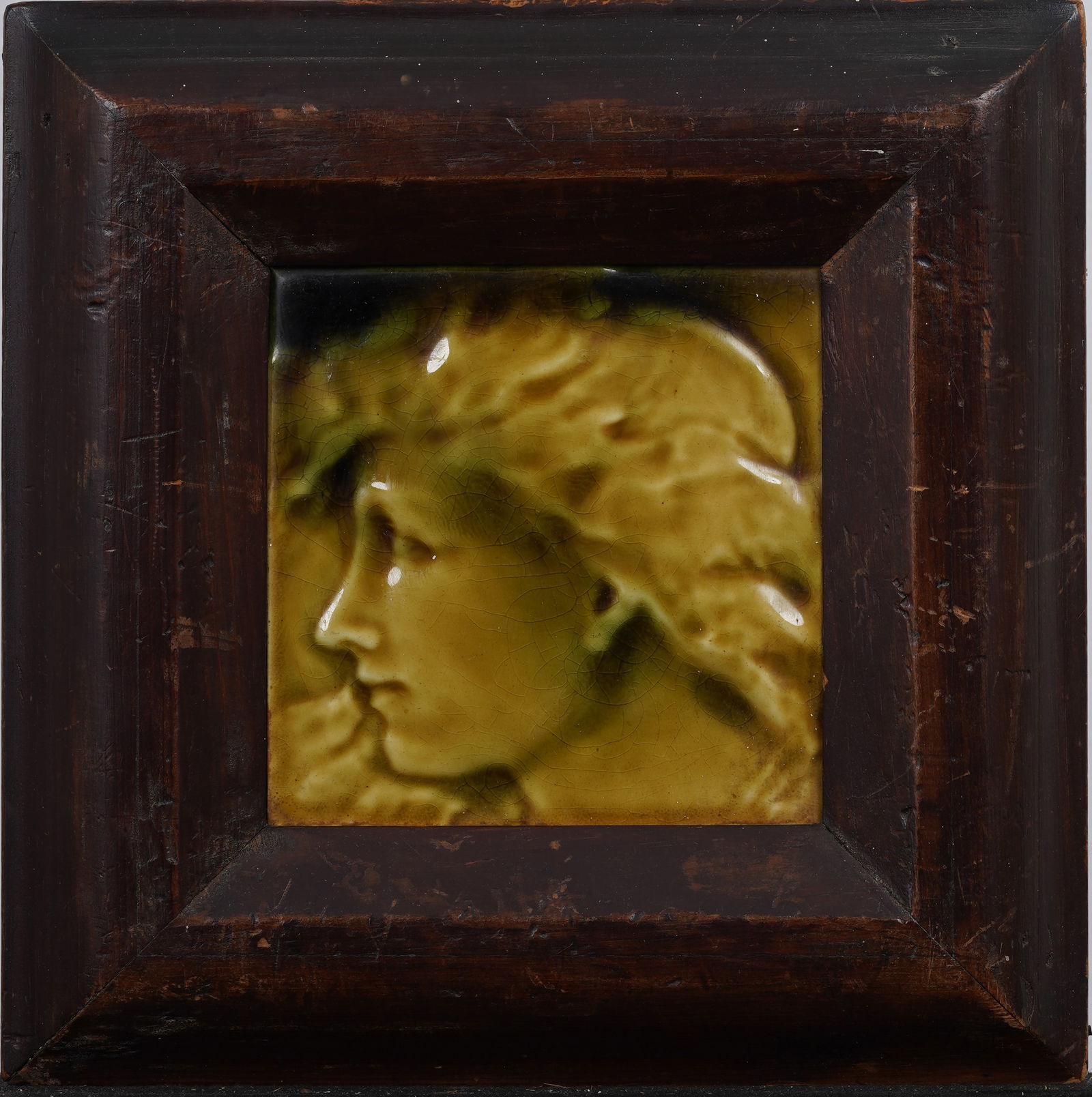 Antique Art Nouveau High Relief Ceramic Classical Female Profile Portrait Tile: Vintage framed ceramic. Measuring: 12 by 12 inches overall, and 6 by 5.75 painting alone. Please see all images for condition. Size is measured and written on the back of the painting or next to each