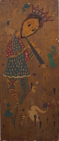 Vintage Folk Art Surrealist Flutist with Crown Mixed Media Carved Painting