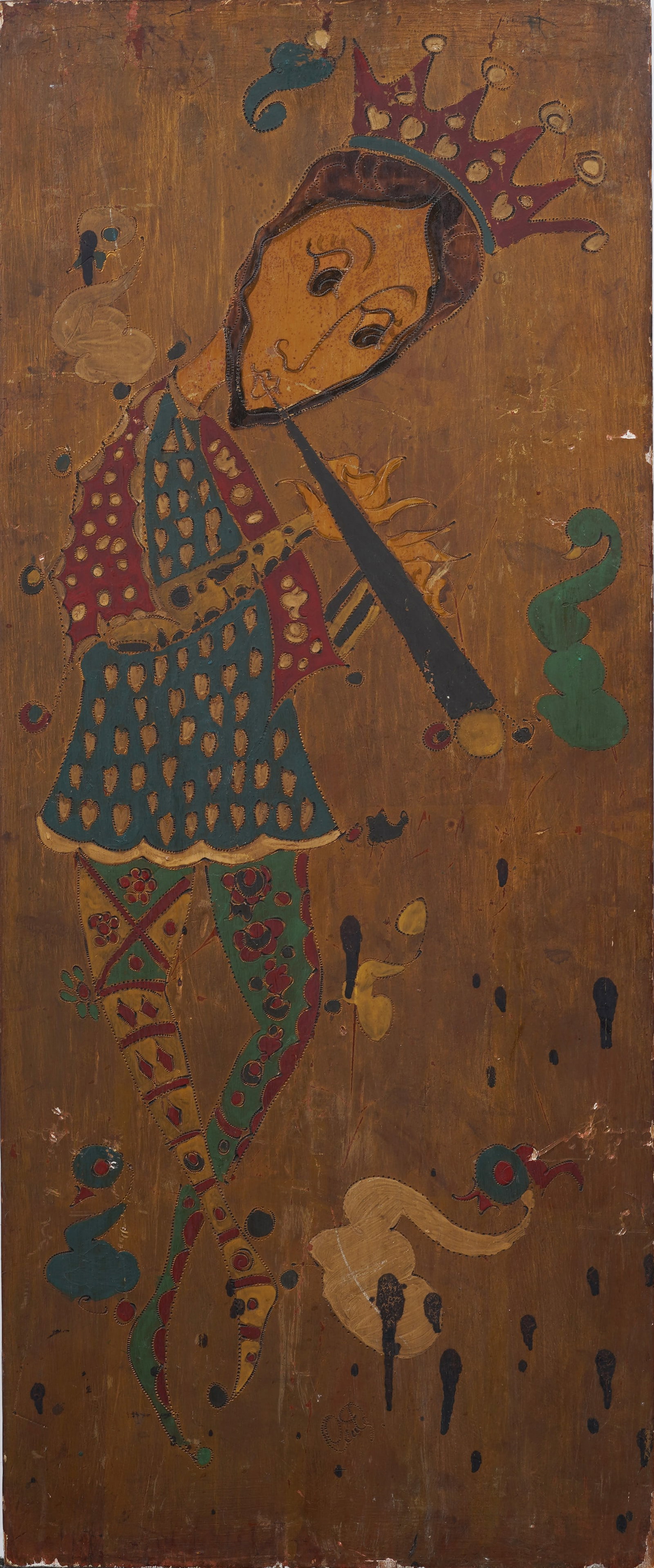 Vintage Folk Art Surrealist Flutist with Crown Mixed Media Carved Painting: Vintage mixed media carved painting. Measuring: 24 by 10 inches overall. Please see all images for condition. Size is measured and written on the back of the painting or next to each object. The first