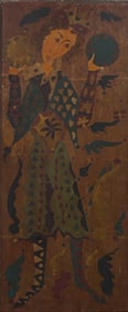 Vintage Folk-Art Surrealist Jester with Tambourines Mixed Media Painting