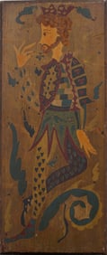 Vintage Folk-Art Surrealist Court Jester with Ornamental Motifs Mixed Media Painting Signed