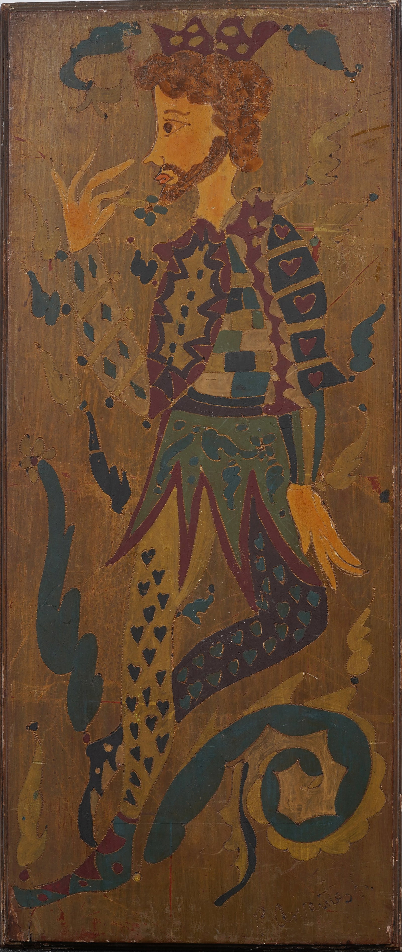 Vintage Folk-Art Surrealist Court Jester with Ornamental Motifs Mixed Media Painting Signed: Vintage American or European outsider mixed media painting. Measuring: 24 by 10 inches overall. Please see all images for condition. Size is measured and written on the back of the painting or next to