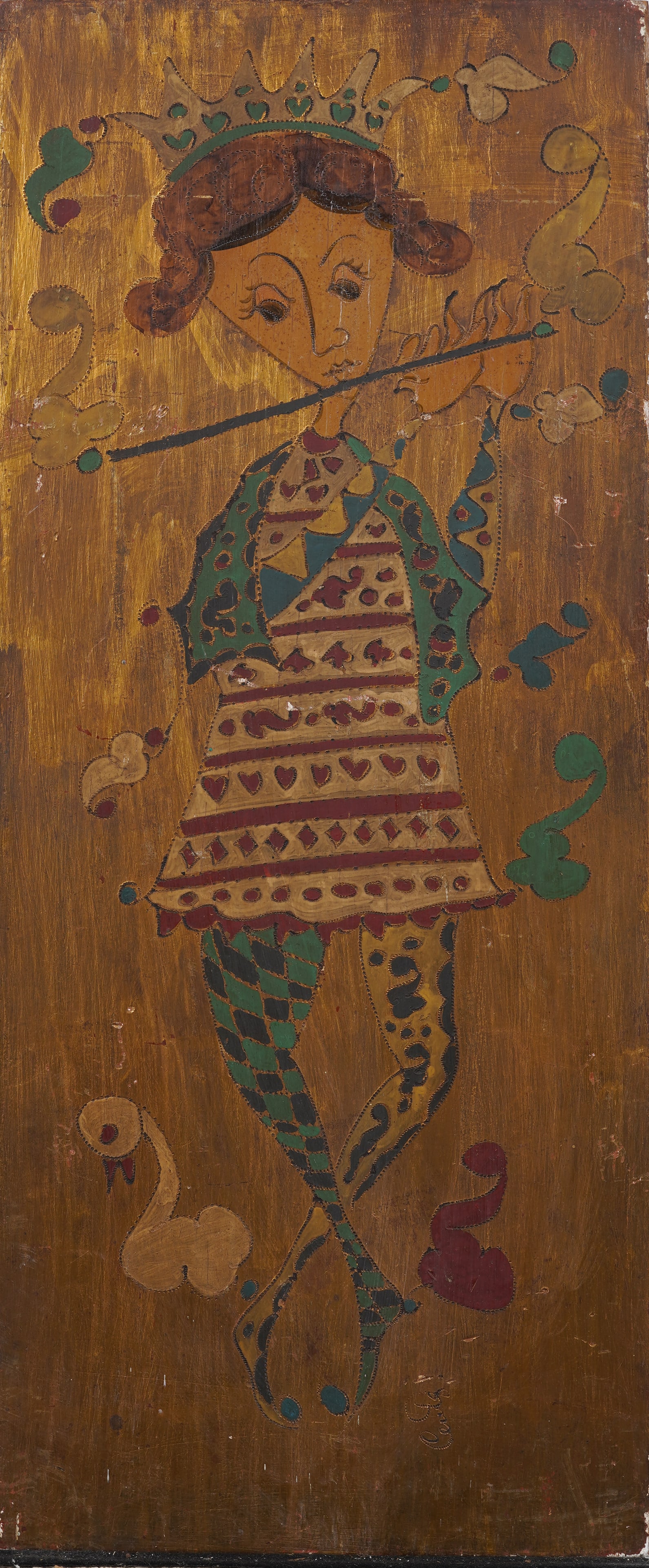 Vintage Mid Century Folk Art Crowned Flute Player Signed Mixed Media Assemblage Painting (1 of 6)