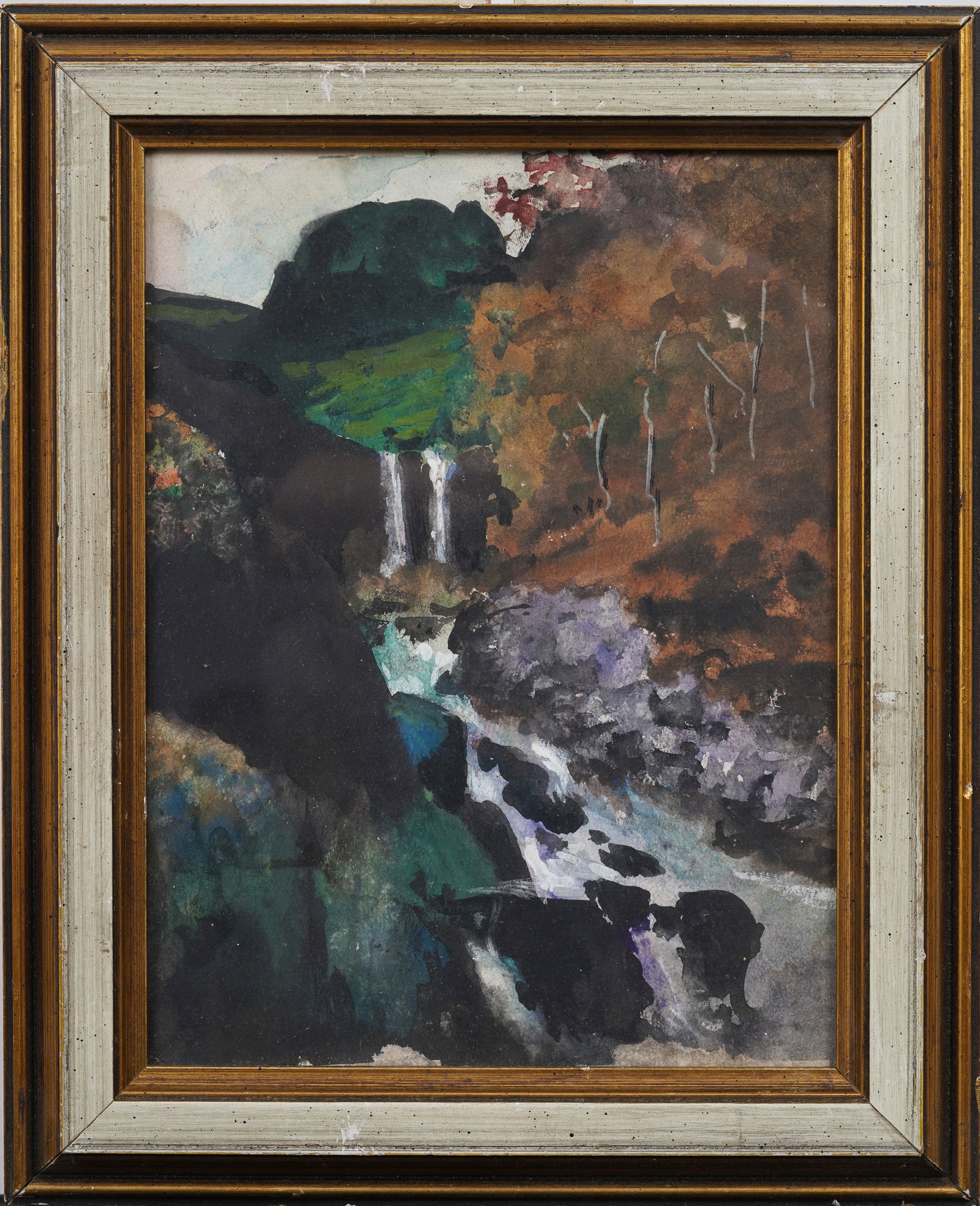 Vintage American Modernist Abstract Waterfall Framed Landscape Mixed Media Painting (1 of 5)
