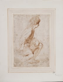 Antique Old Master Sepia Drawing on Paper Portrait of Kneeling Youth Signed