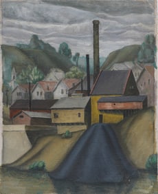 Vintage Early 20th Century Modernist WPA Industrial Townscape Oil Painting on Canvas