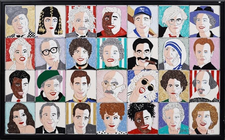 Mary Ann Jones 1992 Vintage American Pop Art Grid of Iconic Cultural Figures Mixed Media Painting