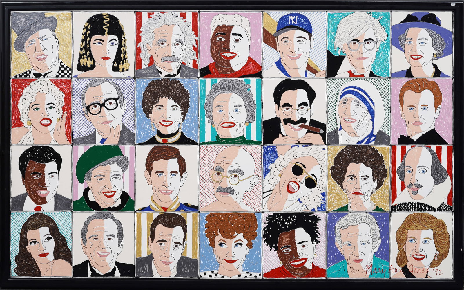 Mary Ann Jones 1992 Vintage American Pop Art Grid of Iconic Cultural Figures Mixed Media Painting (1 of 7)