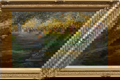 MW Taylor Signed Large Symbolist Art Nouveau Garden Scene Impressionist Elegant Oil Painting