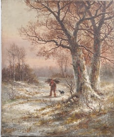 Antique American19th Century Hudson River School Winter Woodland Landscape Oil Painting on Canvas