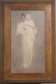 Jules Wengel (1865-1934) Vintage European Signed Large Oil Painting Mother & Child Portrait Framed