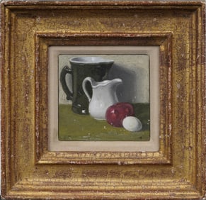 Vintage Miniature Modernist American Still Life of Pitchers Apple and Egg Signed Framed Oil Painting