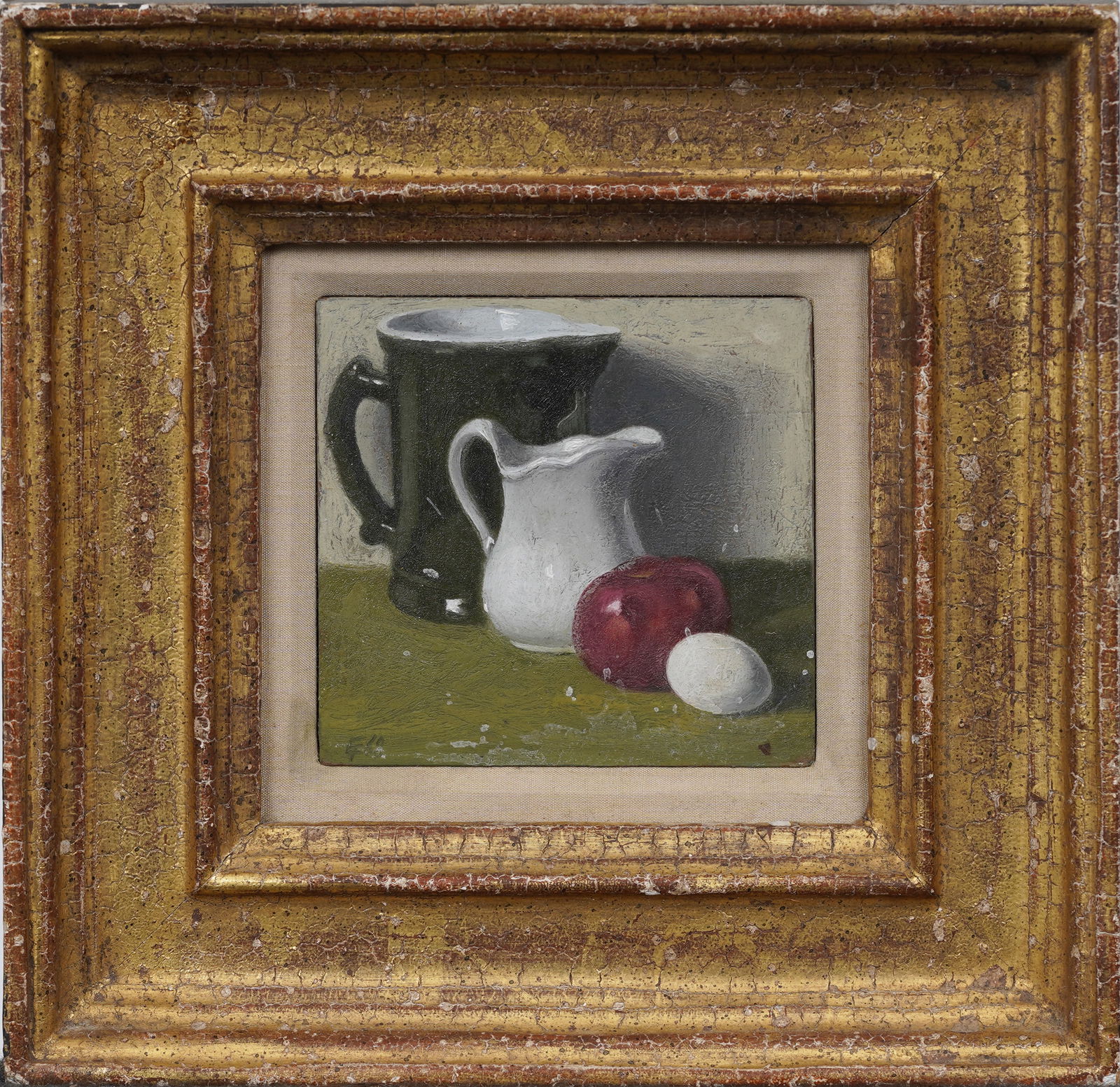 Vintage Miniature Modernist American Still Life of Pitchers Apple and Egg Signed Framed Oil Painting (1 of 6)