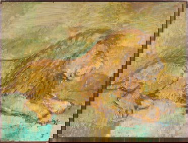 Large Vintage French 1960s Circus Lion Portrait Framed Oil Painting Signed "Sardi"