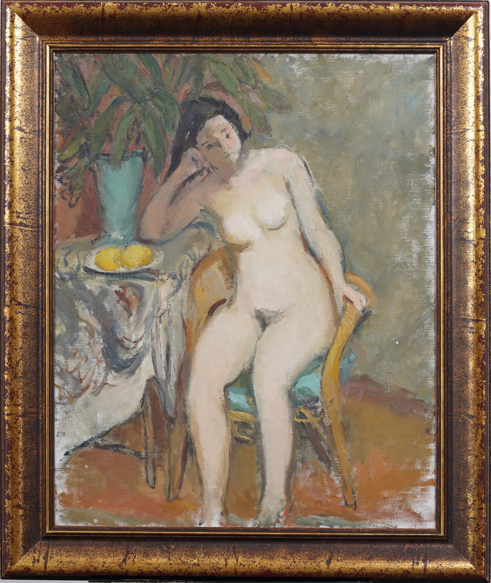 Vintage Mid 20th Century Impressionist Nude Portrait Interior Still Life Framed Oil Painting: Vintage American impressionist nude oil painting. Oil on canvas. Signed. Framed. Measuring: 36 by 30 inches overall, and 30 by 24 painting alone. Please see all images for condition. Size is measured 
